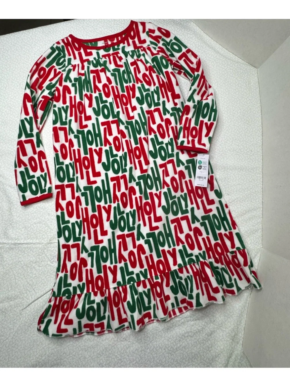 Carter’s Fleece Nightgown Holly Jolly red green lettering size 6-7 NEW With Tag